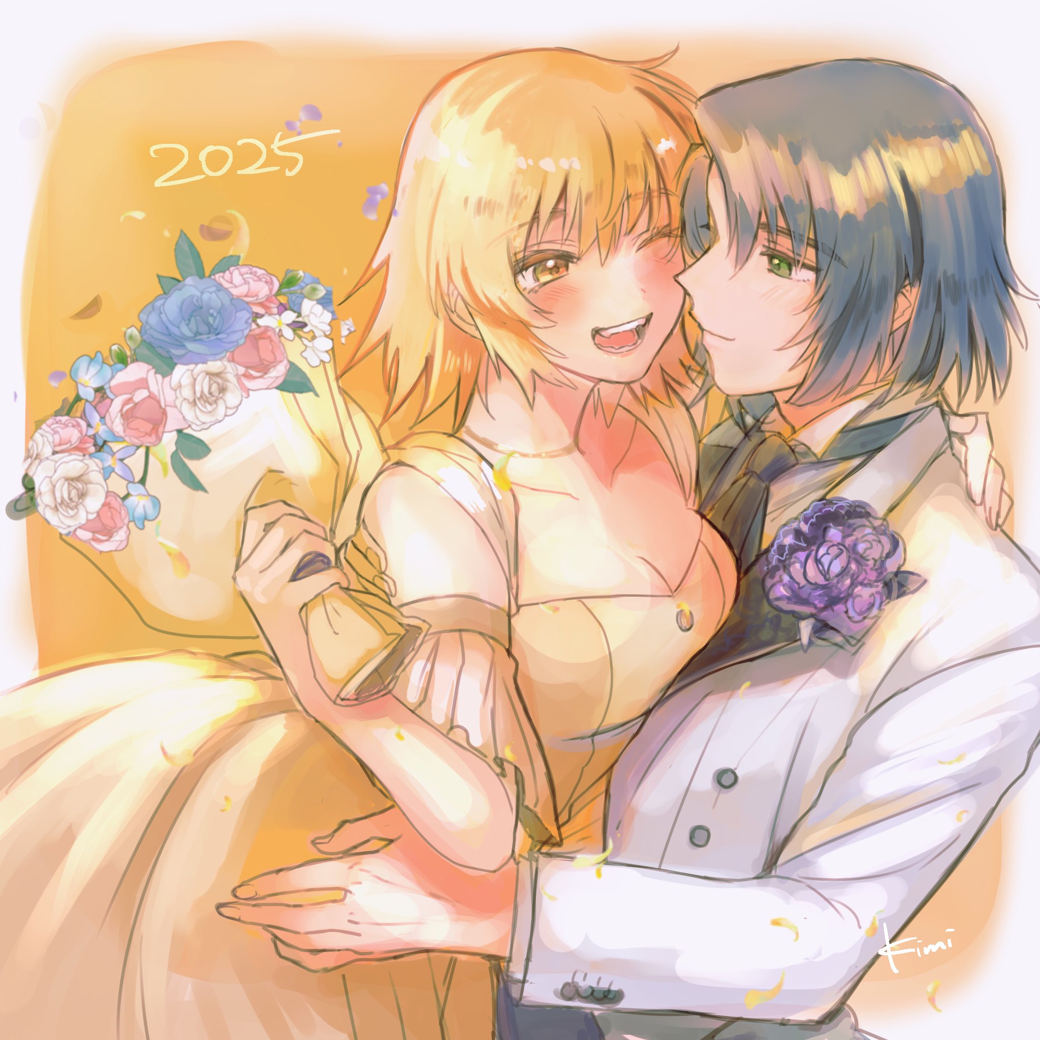 kimi88407604, athrun zala, cagalli yula athha, gundam, gundam seed, commentary request, highres, 1boy, 1girl, 2025, arm around neck, arm around shoulder, artist name, black necktie, blonde hair, blue hair, blush, border, bouquet, breasts, cleavage, closed mouth, collared shirt, corsage, couple, detached sleeves, dress, flower, formal clothes, green eyes, hair between eyes, hetero, holding, holding bouquet, jacket, medium breasts, necktie, one eye closed, open mouth, parted bangs, shirt, short hair, smile, suit jacket, upper body, white border, white jacket, white shirt, yellow background, yellow dress, yellow eyes