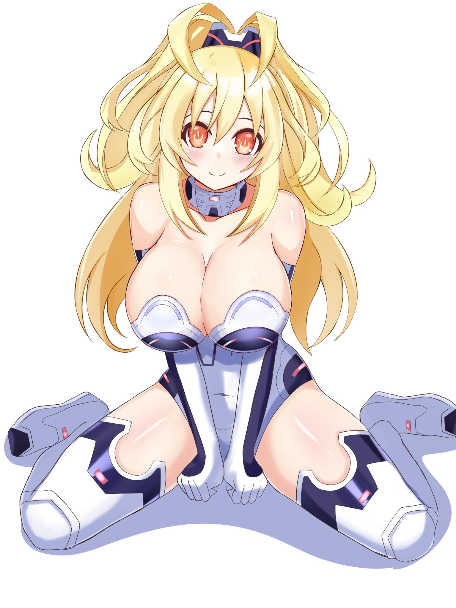 stiris rangetsu, yellow heart (neptunia), kami jigen game neptune v, neptune (series), commentary request, highres, revision, 1girl, antenna hair, bare shoulders, blonde hair, blush, boots, breasts, cleavage, curly hair, detached collar, elbow gloves, full body, gloves, hair between eyes, happy, high ponytail, large breasts, leotard, long hair, open mouth, orange eyes, ponytail, power symbol, power symbol-shaped pupils, sitting, smile, solo, staring, strapless, strapless leotard, symbol-shaped pupils, thigh boots, upper body, very long hair, wariza, white boots, white gloves, white leotard, yellow eyes