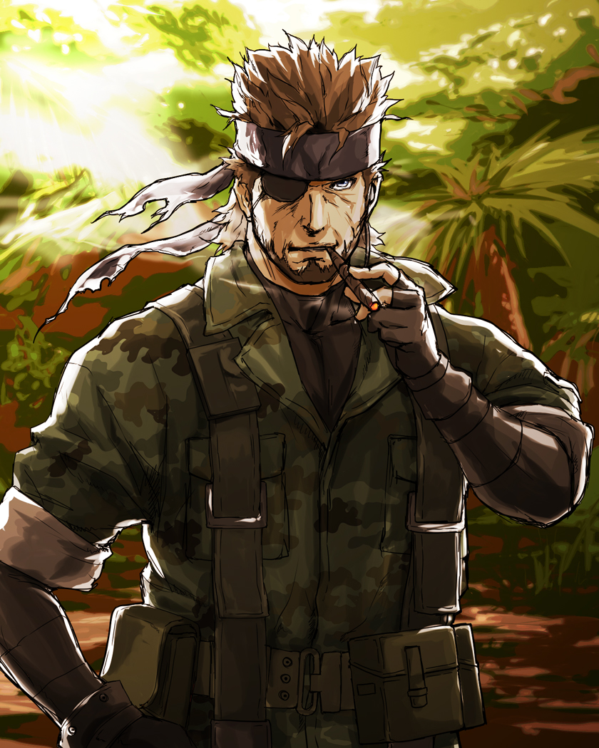 sjw kazuya, big boss, naked snake, konami, metal gear (series), metal gear solid 3: snake eater, 1boy, ammunition pouch, beard, brown hair, camouflage, cigar, eyepatch, facial hair, gloves, headband, holster, male focus, manly, nature, pouch, solo