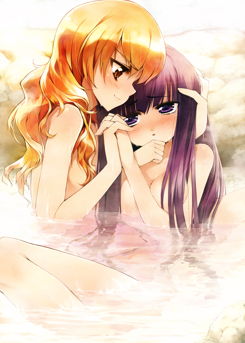 chinchickrin, kirisame marisa, patchouli knowledge, touhou, 2girls, bath, blonde hair, breasts, female focus, holding hands, hug, large breasts, long hair, multiple girls, nude, onsen, orange eyes, orange hair, purple eyes, purple hair, same-sex bathing, shared bathing, tears, water, wet, yellow eyes, yuri
