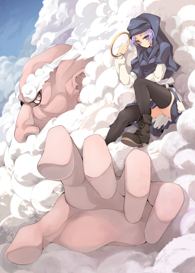 uruu gekka, kumoi ichirin, unzan, touhou, 1girl, blue eyes, blue hair, bracelet, cloud, day, foreshortening, giant, hood, jewelry, ring, sky, thighhighs