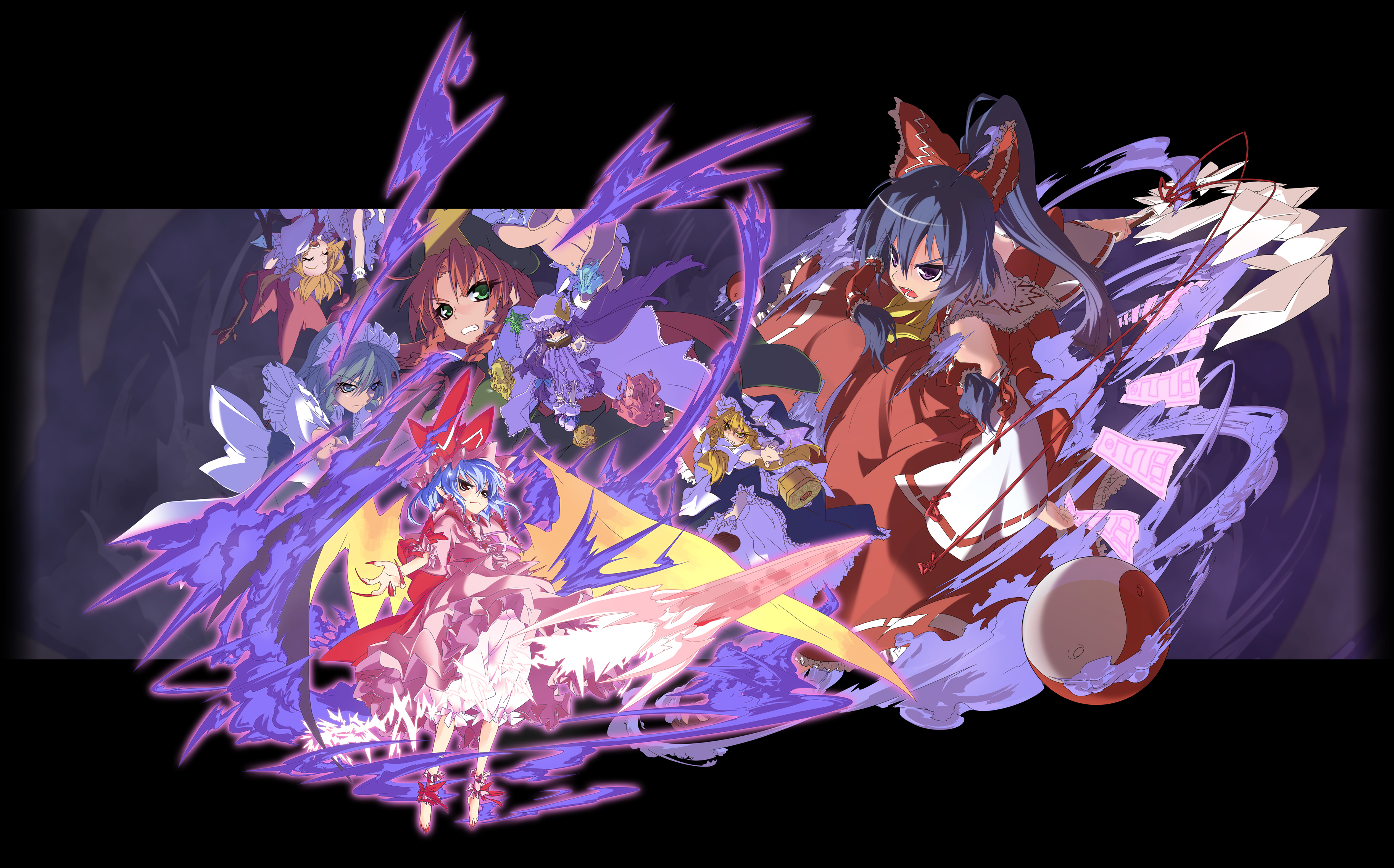 kokoroke, kokoroke (556k), flandre scarlet, hakurei reimu, hong meiling, izayoi sakuya, kirisame marisa, patchouli knowledge, remilia scarlet, embodiment of scarlet devil, touhou, absurdres, bad id, bad pixiv id, highres, 6+girls, barefoot, everyone, feet, female focus, fighting stance, foreshortening, multiple girls