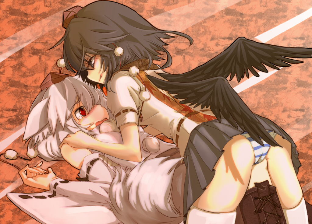 kuronuko neero, inubashiri momiji, shameimaru aya, touhou, silver hair, 2girls, animal ears, assertive female, black hair, black wings, blush, boots, cameltoe, detached sleeves, female focus, girl on top, hat, licking lips, multiple girls, panties, red eyes, short hair, skirt, straddling, striped clothes, striped panties, tail, tears, tokin hat, tongue, tongue out, underwear, wavy mouth, wings, wolf ears, wolf tail, you gonna get raped, yuri