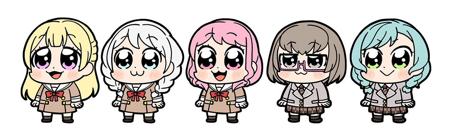 bkub, hikawa hina, maruyama aya, shirasagi chisato, wakamiya eve, yamato maya, bang dream!, bad id, official art, 5girls, :>, :3, aqua hair, arms at sides, black shoes, black socks, blazer, blonde hair, blue eyes, blush stickers, braid, brown dress, brown hair, brown necktie, brown shoes, brown skirt, brown socks, buttons, chibi, chibi only, closed mouth, collared shirt, dot nose, double-breasted, dress, full body, glasses, green eyes, grey eyes, grey jacket, half updo, hanasakigawa school uniform, haneoka school uniform, jacket, long hair, long sleeves, multiple girls, neck ribbon, necktie, open mouth, pastel palettes (bang dream!), pink-framed eyewear, pink eyes, pink hair, plaid clothes, plaid skirt, pleated skirt, purple eyes, red ribbon, ribbon, sailor collar, sailor dress, school uniform, semi-rimless eyewear, shirt, shoes, short hair, side braids, simple background, skirt, smile, socks, striped clothes, striped necktie, twin braids, twintails, under-rim eyewear, v-shaped eyebrows, white background, white hair, white sailor collar, white shirt, winter uniform