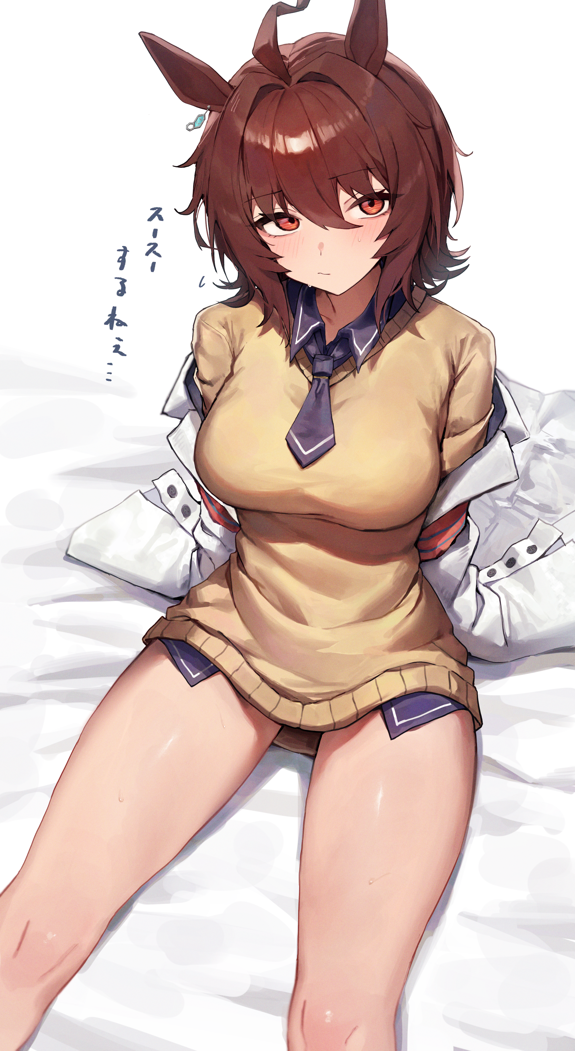 leste (humansequencer), agnes tachyon (tach-nology) (umamusume), agnes tachyon (umamusume), umamusume, absurdres, commentary request, highres, translation request, 1girl, :/, ahoge, animal ears, black necktie, breasts, brown hair, cardigan, coat, ear ornament, earrings, hair between eyes, hair intakes, horse ears, horse girl, horse tail, huge ahoge, jewelry, lab coat, large breasts, looking at viewer, medium hair, necktie, red eyes, short necktie, single earring, sitting, sleeves past fingers, sleeves past wrists, solo, tail, thighs, white coat, yellow cardigan