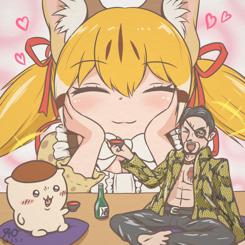 vostok (vostok061), kuri manjuu (chiikawa), large-spotted genet (kemono friends), majima goro, chiikawa, kemono friends, kemono friends v project, ryuu ga gotoku (series), commentary request, 1girl, animal ears, black hair, bottle, bow, bowtie, brown hair, cat ears, cat girl, cushion, extra ears, eyepatch, heart, jacket, long hair, looking at viewer, pants, ribbon, sake bottle, shirt, simple background, twintails, virtual youtuber, zabuton
