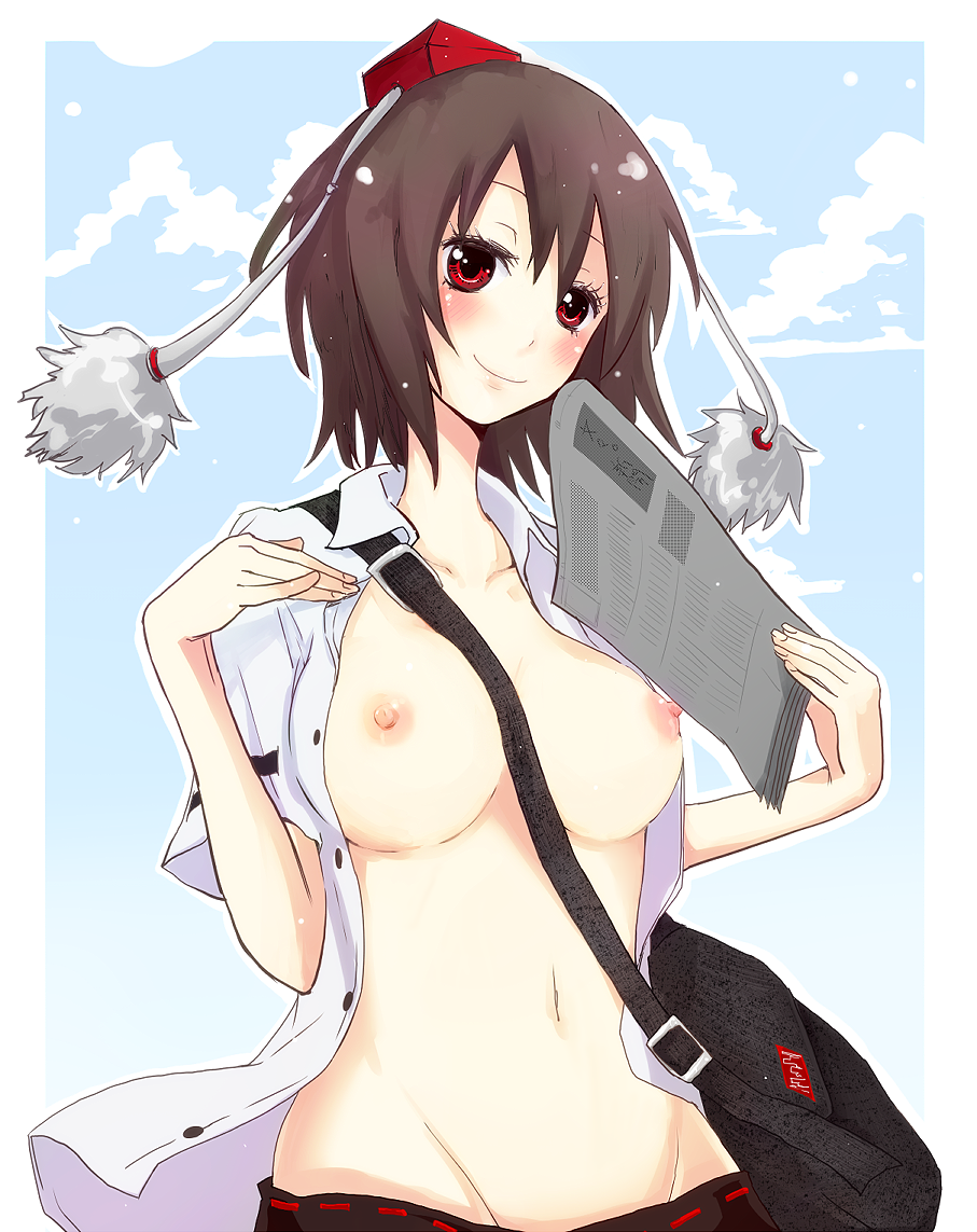 shiroshi (denpa eshidan), shameimaru aya, touhou, bad id, bad pixiv id, 1girl, bag, between breasts, black hair, blush, breasts, breasts apart, female focus, groin, hat, large breasts, looking at viewer, navel, newspaper, nipples, no bra, open clothes, open shirt, red eyes, shirt, short hair, shoulder bag, skirt, smile, solo, strap between breasts, tokin hat