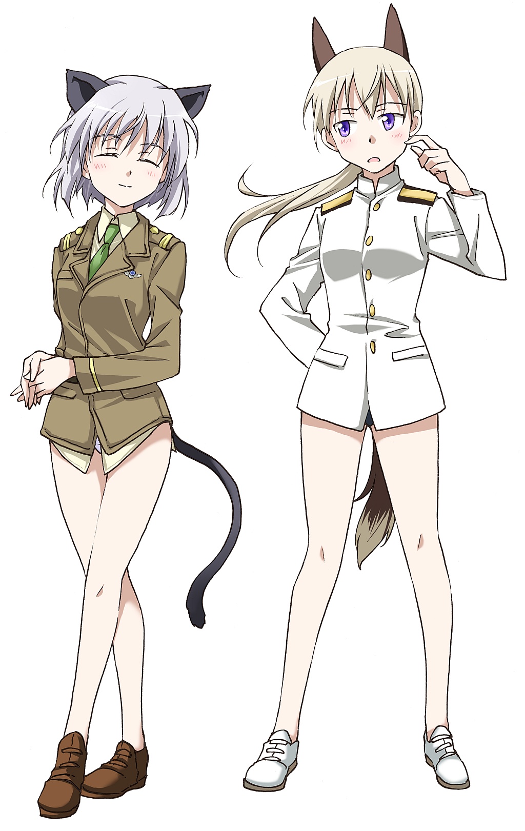 agahari, charlotte e. yeager, eila ilmatar juutilainen, sakamoto mio, sanya v. litvyak, strike witches, world witches series, silver hair, highres, 2girls, animal ears, blonde hair, cat ears, cat tail, charlotte e yeager (cosplay), closed eyes, cosplay, costume switch, long hair, military, military uniform, multiple girls, purple eyes, sakamoto mio (cosplay), short hair, smile, tail