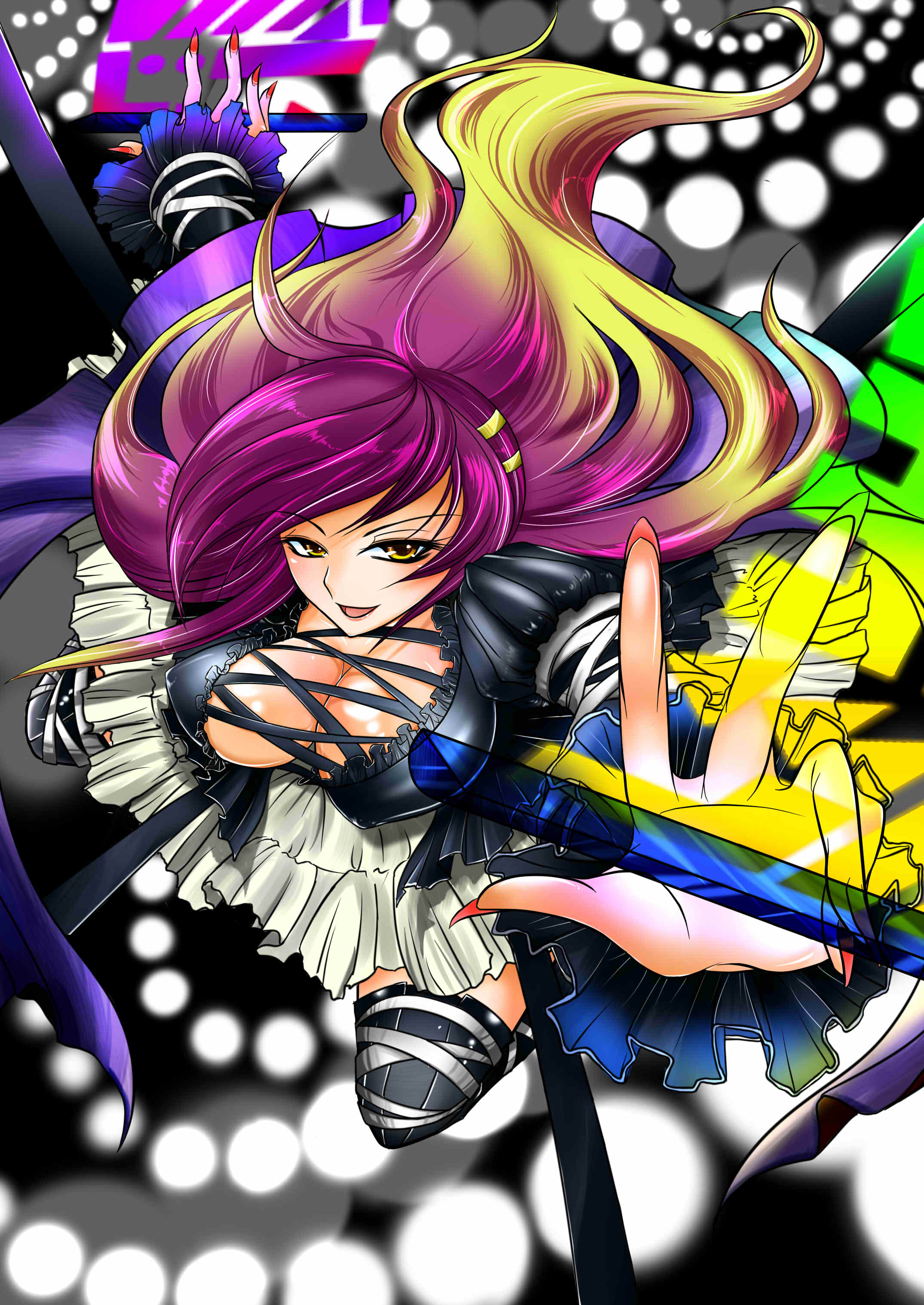 kuro-o-kuro, hijiri byakuren, touhou, absurdres, highres, 1girl, breasts, cape, danmaku, dress, female focus, gradient hair, large breasts, long hair, multicolored hair, scroll, solo, sorcerer's sutra scroll, thighhighs, yellow eyes