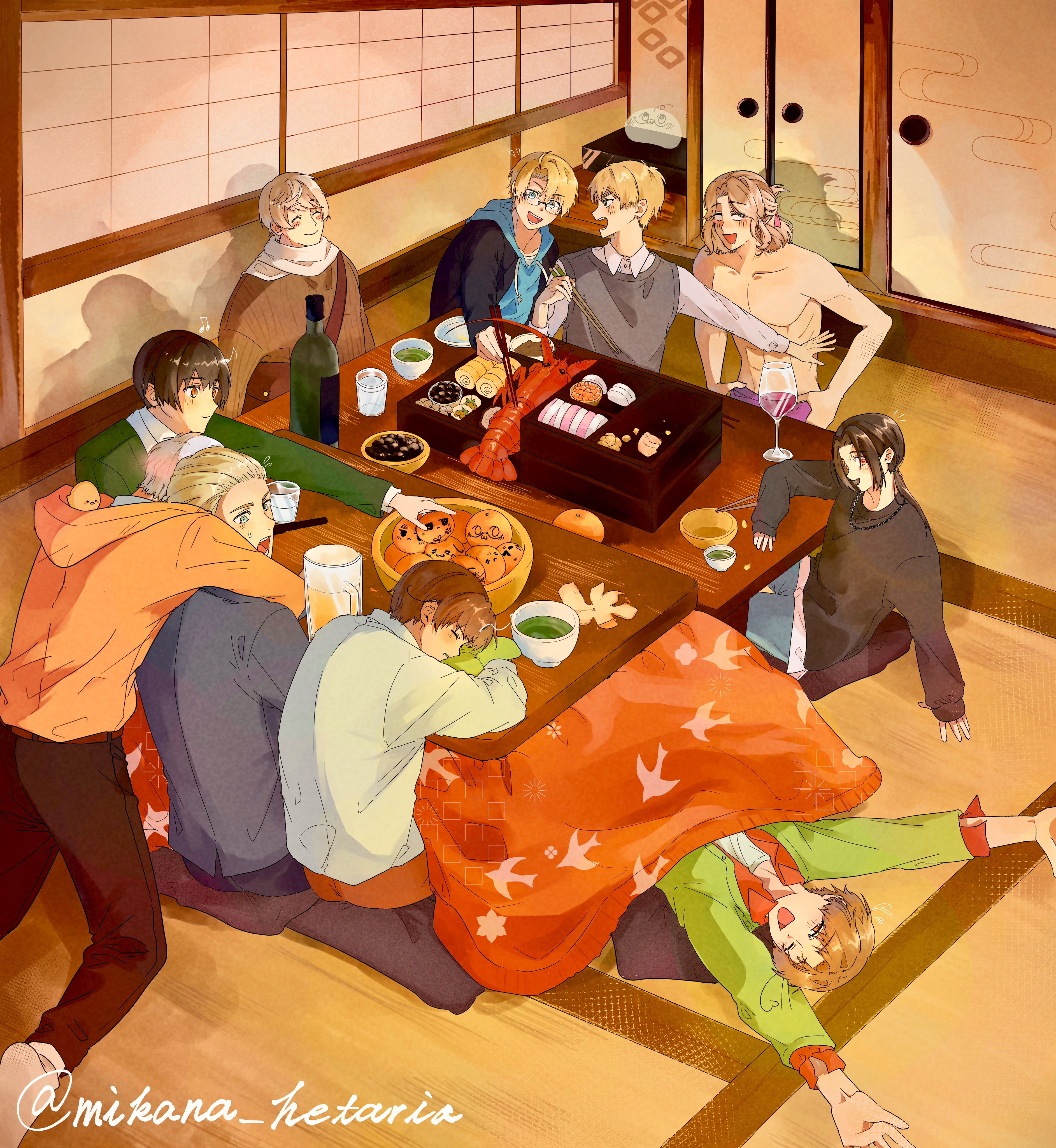 america (hetalia), china (hetalia), france (hetalia), germany (hetalia), gilbird, japan (hetalia), northern italy (hetalia), prussia (hetalia), russia (hetalia), southern italy (hetalia), united kingdom (hetalia), axis powers hetalia, absurdres, commentary request, highres, mixed-language commentary, 6+boys, abs, ahoge, alcohol, animal print, arms up, artist name, baby animal, beak, belt, bento, bird, bird print, black-framed eyewear, black hair, black jacket, black pants, black shirt, black sweater, blank eyes, blonde hair, blue eyes, blue hoodie, blue pants, blush, bottle, bowl, brothers, brown bag, brown belt, brown eyes, brown hair, brown sweater, cake, candy, carpet, chick, chocolate, chopsticks, closed eyes, closed mouth, collarbone, collared shirt, cup, denim, door, drinking glass, facial hair, fingernails, floral print, food, from behind, fruit, glass, glasses, green eyes, green jacket, grey hair, grey vest, hair between eyes, happy, holding, holding chopsticks, hood, hoodie, hug, indoors, jacket, jewelry, juice, lobster, long hair, long sleeves, looking at another, looking at food, low ponytail, lying, male focus, mandarin orange, mikana hetalia, multiple boys, muscular, muscular male, necklace, new year, no shoes, on back, one eye closed, onigiri, open clothes, open jacket, open mouth, open shirt, orange eyes, orange hoodie, orange juice, orange pants, orange pupils, orange shirt, pants, pectorals, pet, plate, ponytail, puffy long sleeves, puffy sleeves, purple pants, scarf, semi-rimless eyewear, shadow, shirt, short hair, siblings, sidelocks, sitting, sleeping, smile, socks, soup, sweatdrop, sweater, swiss roll, t-shirt, table, tablecloth, teeth, tongue, topless male, twins, vest, water, white scarf, white shirt, white socks, wine, wine glass