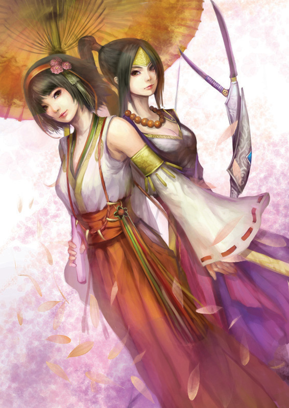youshun (naturaljuice), ina (sengoku musou), okuni (sengoku musou), sengoku musou, 2girls, bare shoulders, black eyes, black hair, bow (weapon), detached sleeves, dress, female focus, hairband, japanese clothes, jewelry, long hair, multiple girls, necklace, ponytail, short hair, umbrella, weapon