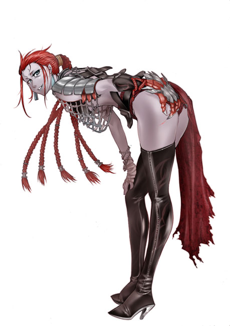 sumi (joker), fuma kotaro (sengoku musou), sengoku musou, sengoku musou 2, 1girl, ass, belt, boots, bracelet, braid, claws, colored skin, female focus, gauntlets, genderswap, genderswap (mtf), grey eyes, hand on own ass, high heels, jewelry, leaning forward, long hair, purple skin, red hair, solo, thigh boots, thighs