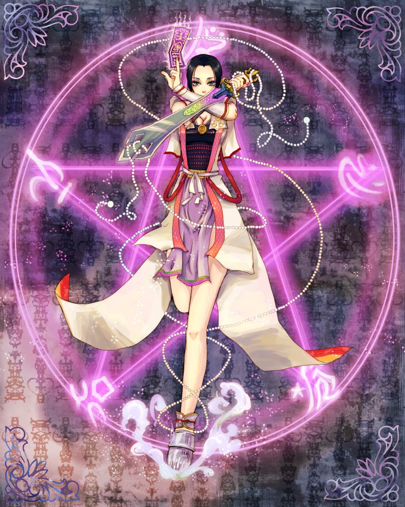 chico (pixiv990303), naoe kanetsugu (sengoku musou), sengoku musou, sengoku musou 2, gender request, 1girl, black hair, breasts, cleavage, female focus, genderswap, grey eyes, japanese clothes, magic, nail polish, short hair, solo, sword, weapon
