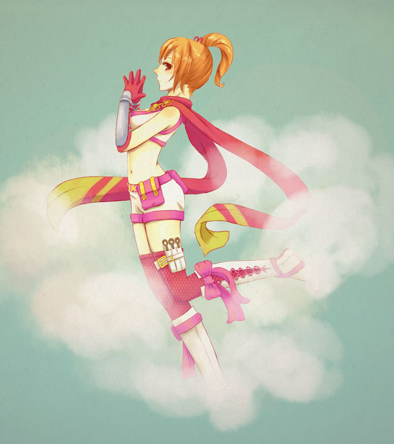 chico (pixiv990303), kunoichi (sengoku musou), sengoku musou, sengoku musou 3, 1girl, bare shoulders, boots, female focus, gloves, gradient background, long hair, matching hair/eyes, midriff, navel, orange eyes, orange hair, ponytail, scarf, short shorts, shorts, smoke, solo, thighhighs