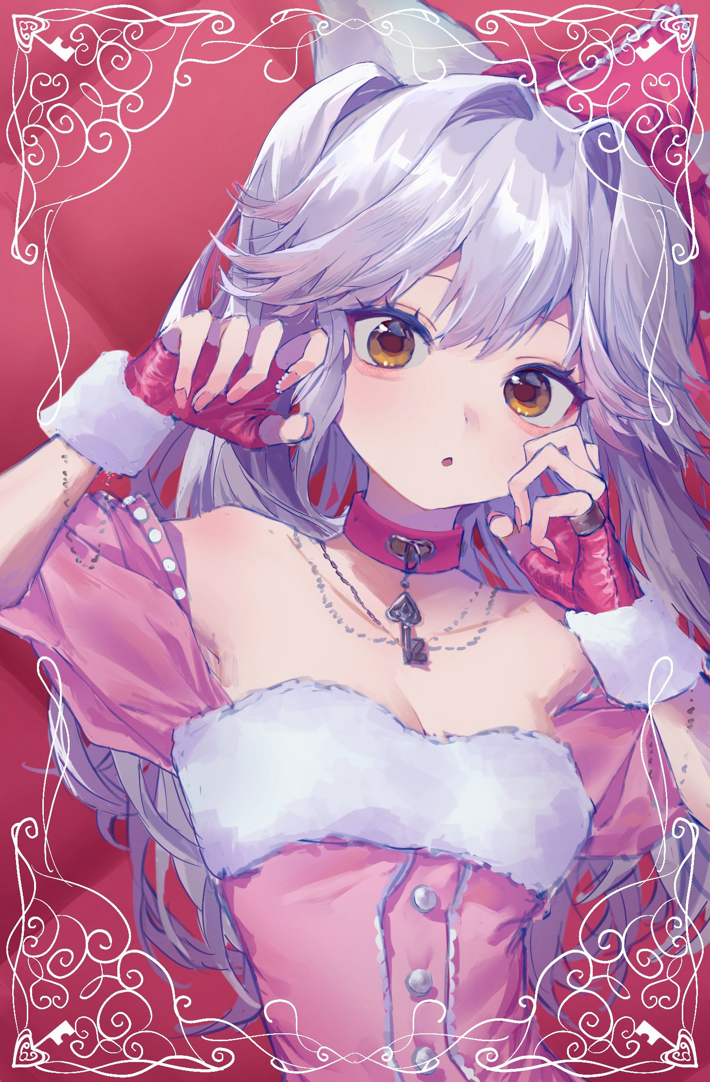 okubatomaeba, original, commentary request, highres, 1girl, :o, aegyo sal, animal ears, breasts, brown eyes, cat ears, cat girl, choker, cleavage, double-parted bangs, dress, fingerless gloves, fur-trimmed dress, fur-trimmed gloves, fur trim, gloves, grey hair, hair intakes, hands up, inset border, jewelry, key, key choker, long hair, looking at viewer, necklace, open mouth, pink background, pink choker, pink dress, pink gloves, short sleeves, small breasts, solo, upper body