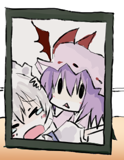 shiroshi (denpa eshidan), izayoi sakuya, remilia scarlet, touhou, framed, lowres, > <, 2girls, :<, bat wings, chibi, closed eyes, female focus, hug, multiple girls, photo (object), picture frame, tears, wings, | |