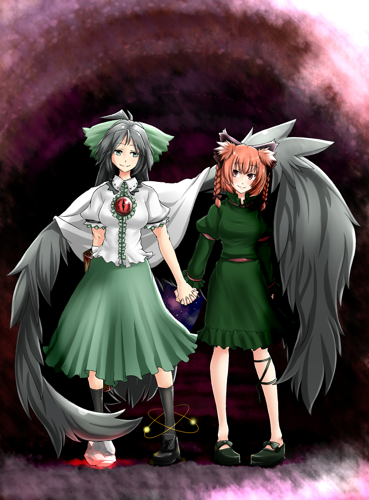 miki purasu, kaenbyou rin, reiuji utsuho, touhou, highres, 2girls, asymmetrical clothes, asymmetrical footwear, female focus, full body, holding hands, mismatched footwear, multiple girls, wing hug, wings, yuri