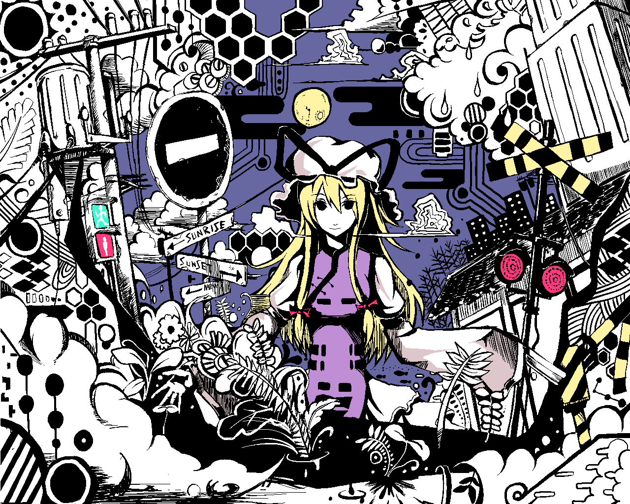 shiroshi (denpa eshidan), yakumo yukari, touhou, 1girl, cloud, female focus, moon, night, oekaki, ribbon, road sign, sign, sky, solo, traffic light