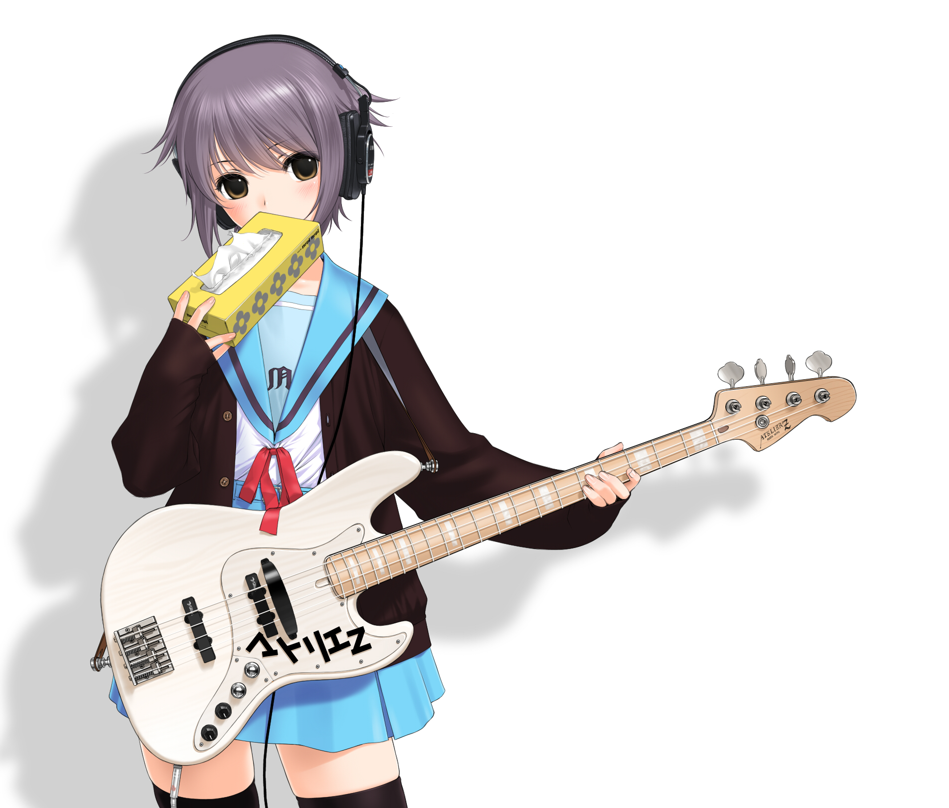 sano toshihide, nagato yuki, tissue princess, suzumiya haruhi no yuuutsu, silver hair, bad id, bad pixiv id, highres, 00s, 1girl, atelier z, atelier z (guitar), bass guitar, brown eyes, cardigan, female focus, headphones, instrument, school uniform, serafuku, short hair, solo, thighhighs, tissue, tissue box, zettai ryouiki