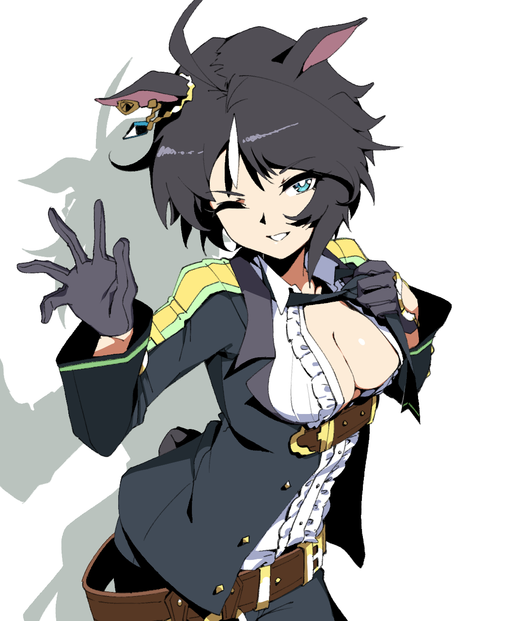 archives.gokulism, fuji kiseki (shooting star revue) (umamusume), fuji kiseki (umamusume), umamusume, commentary request, highres, 1girl, ahoge, animal ears, belt, black gloves, black hair, black jacket, black necktie, black pants, blue eyes, breasts, bright pupils, brown belt, buttons, center frills, center opening, collared shirt, ear ornament, earclip, frilled shirt, frills, gloves, gold trim, horse ears, jacket, jewelry, light smile, long sleeves, looking at viewer, medium breasts, multicolored hair, necktie, necktie lift, no bra, one eye closed, open clothes, open jacket, pants, parted lips, shirt, short hair, solo, two-tone hair, underbust, undoing own necktie, upper body, white background, white pupils, white shirt, wing collar