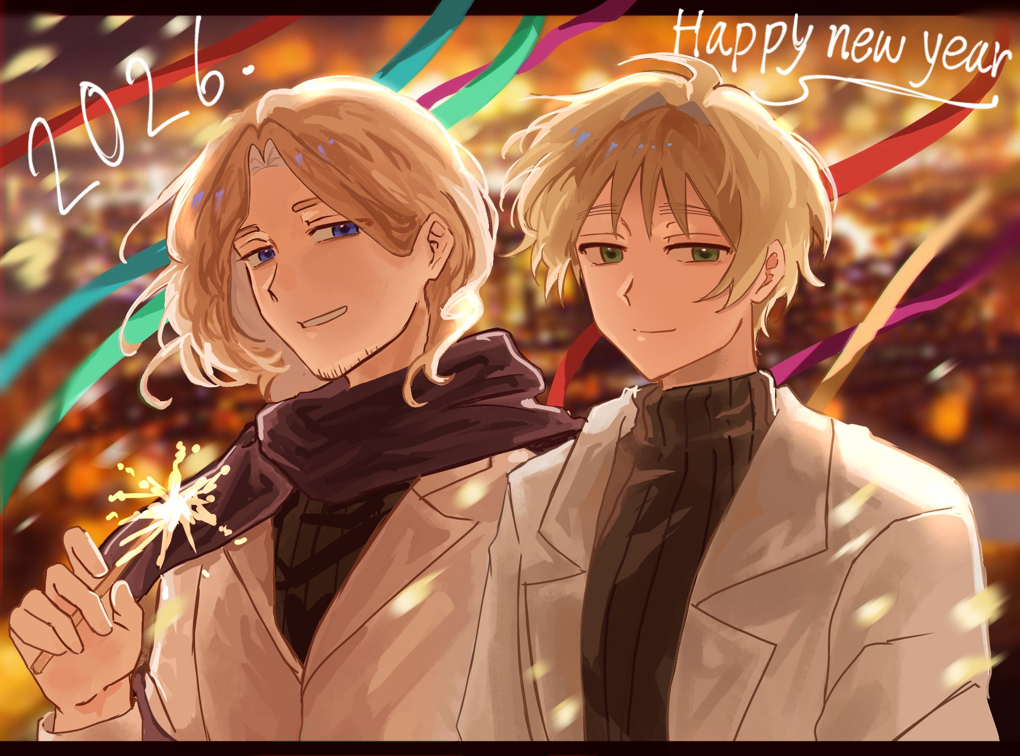 france (hetalia), united kingdom (hetalia), axis powers hetalia, commentary, english commentary, highres, 2026, 2boys, black border, black sky, black sweater, blonde hair, blurry, blurry background, border, building, city, closed mouth, confetti, english text, facial hair, green eyes, half-closed eyes, hand up, happy new year, holding, holding fireworks, jacket, lapels, long sleeves, looking at viewer, male focus, multiple boys, new year, night, open clothes, open jacket, outdoors, purple eyes, purple scarf, scarf, short hair, sky, smile, sweater, teeth, turtleneck, turtleneck sweater, upper body, wavy hair, white jacket