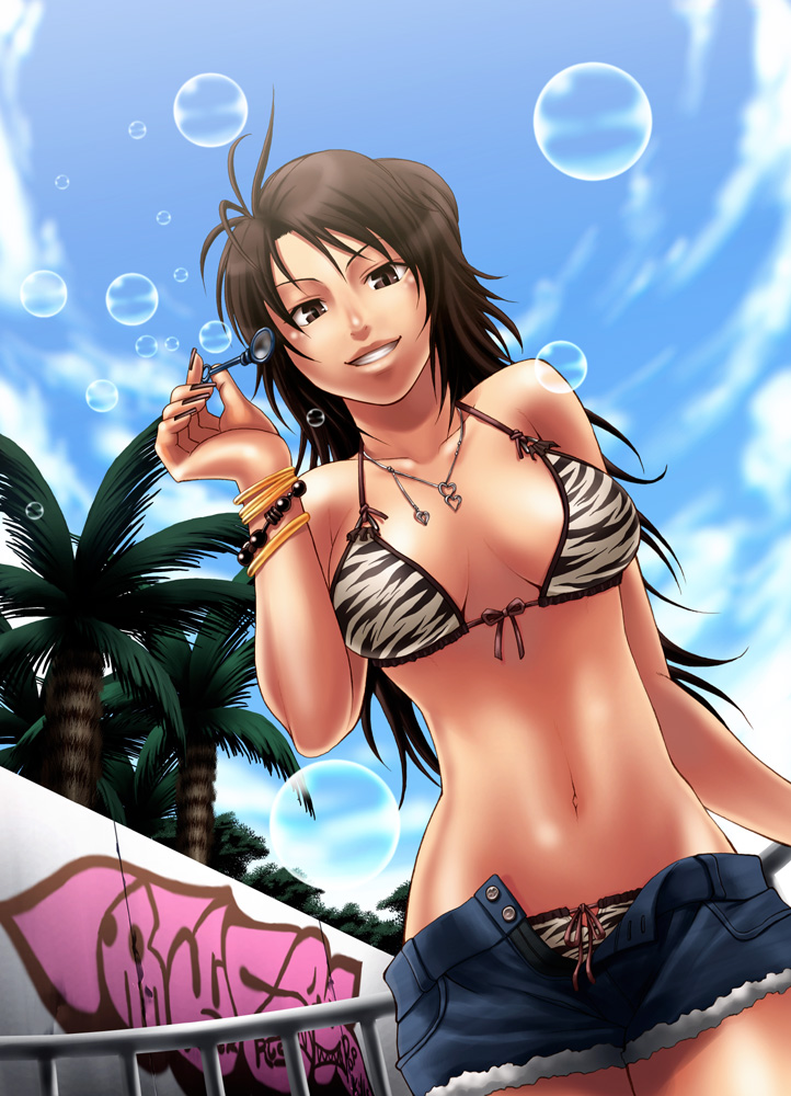 chiba toshirou, original, bad id, bad pixiv id, 1girl, bikini, bikini top only, breasts, brown eyes, brown hair, bubble, cleavage, day, female focus, graffiti, large breasts, lips, long hair, navel, palm tree, shorts, solo, swimsuit, tree, unbuttoned