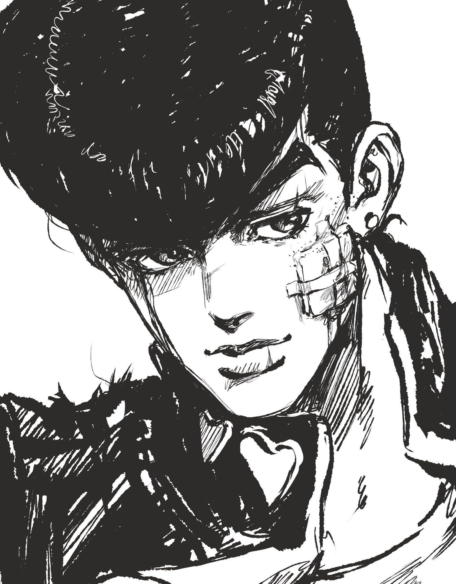santamanymany, higashikata josuke, diamond wa kudakenai, jojo no kimyou na bouken, highres, 1boy, closed mouth, collared jacket, crew neck, gauze, gauze on cheek, greyscale, headshot, jacket, looking to the side, male focus, monochrome, pompadour, portrait, shirt, short sideburns, sideburns, sideways glance, simple background, solo, thick eyebrows, white background