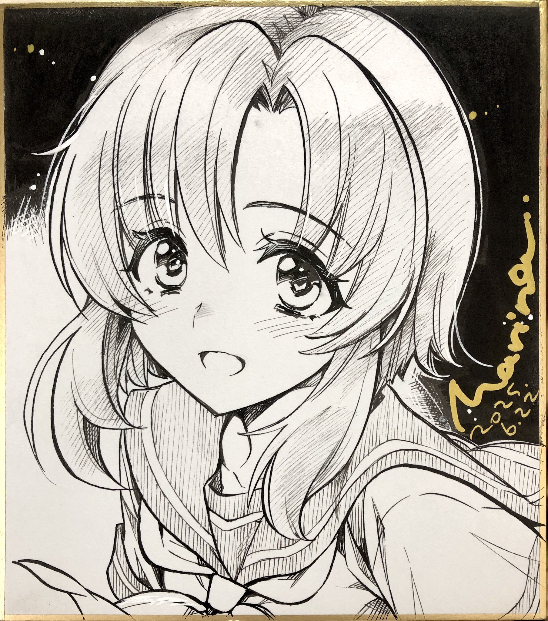 marine (confeitokobo), ryuuguu rena, higurashi no naku koro ni, commentary request, highres, traditional media, 1girl, :d, blush, dated, greyscale, hair between eyes, looking at viewer, monochrome, neckerchief, open mouth, parted bangs, portrait, sailor collar, school uniform, serafuku, shikishi, shirt, short hair, signature, smile, solo