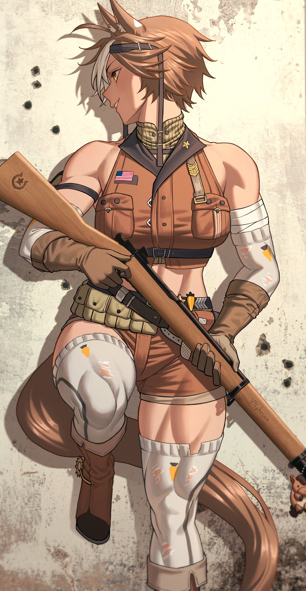 vnphecan, tomoe umari, tomoe umari (umari 3.0), indie virtual youtuber, commentary, english commentary, highres, 1girl, american flag, animal ears, arm strap, boots, breast pocket, brown boots, brown eyes, brown gloves, brown hair, carrot print, food print, gloves, gun, holding, holding gun, holding weapon, horse ears, horse girl, horse tail, multicolored hair, muscular, muscular female, pocket, rifle, shadow, solo, star (symbol), tail, thighhighs, torn clothes, torn sleeves, torn thighhighs, two-tone hair, virtual youtuber, weapon, white hair