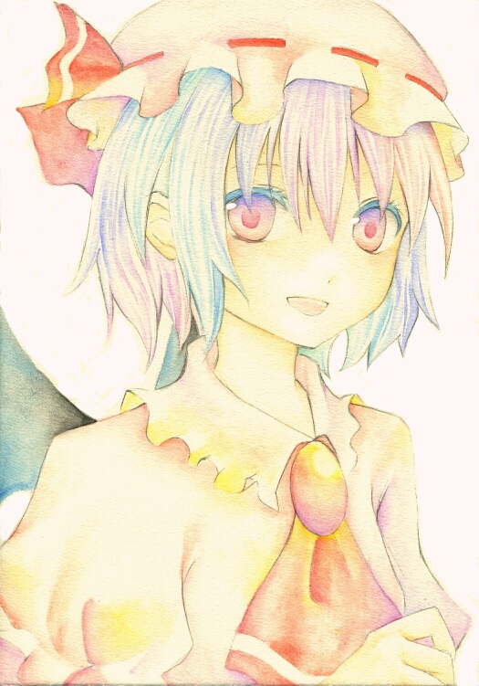 umebayashi saki, remilia scarlet, touhou, bad id, bad pixiv id, painting (medium), traditional media, watercolor (medium), 1girl, female focus, hat, hat ribbon, multicolored hair, open mouth, portrait, red eyes, ribbon, short hair, solo, white background, wings