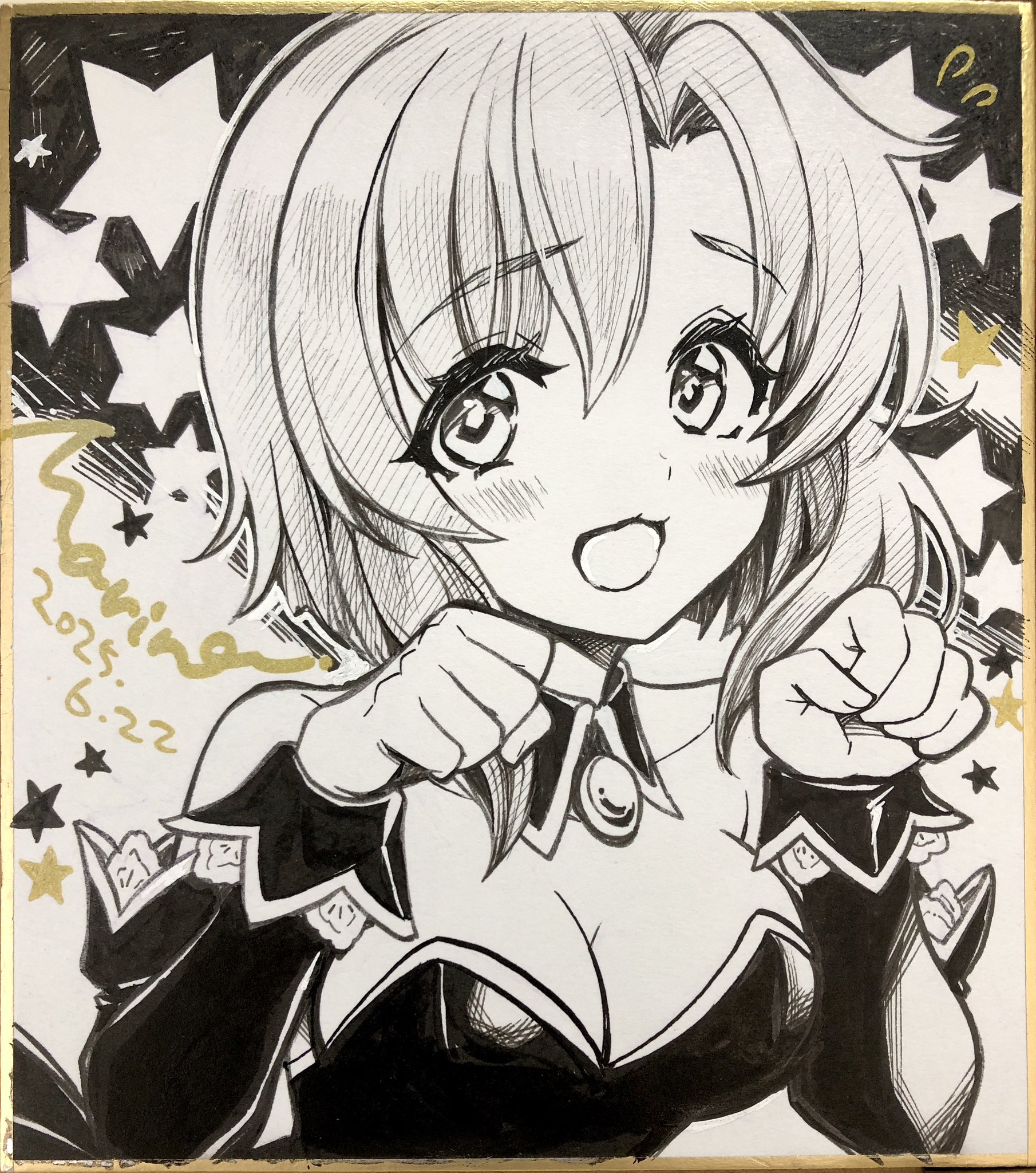 marine (confeitokobo), ryuuguu rena, higurashi no naku koro ni, commentary request, highres, traditional media, 1girl, :d, bare shoulders, blush, breasts, cleavage, dated, detached collar, detached sleeves, flying sweatdrops, hair between eyes, hands up, leotard, long sleeves, looking at viewer, medium breasts, open mouth, parted bangs, portrait, shikishi, short hair, signature, smile, solo, star (symbol), strapless, strapless leotard