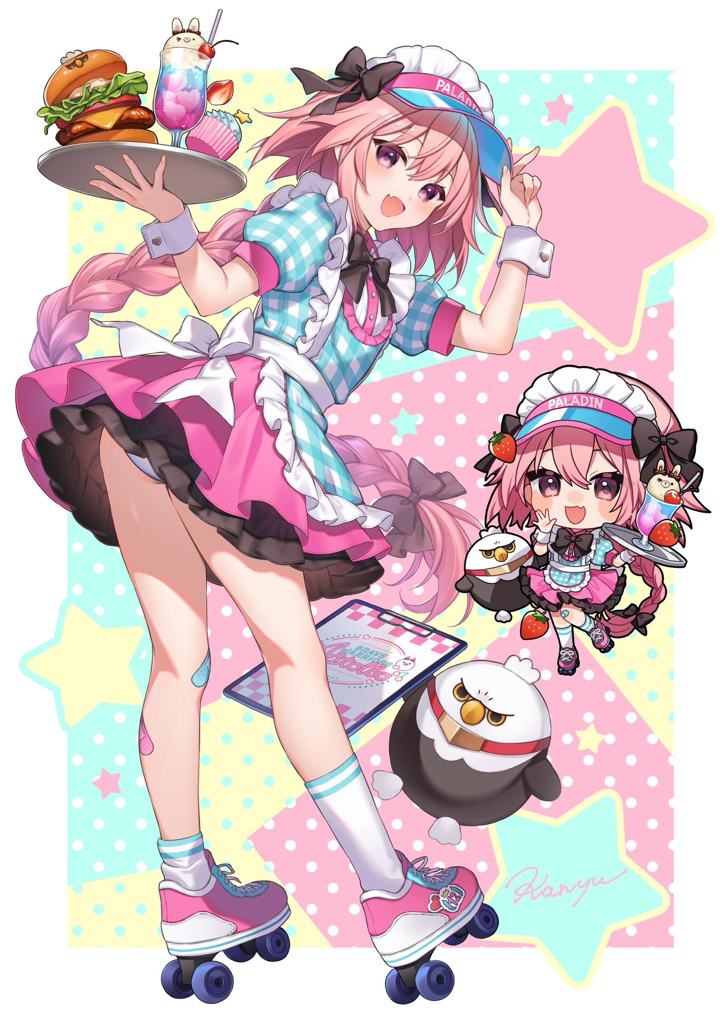 kan'yu (citron 82), astolfo (fate), hippogriff (fate), fate/apocrypha, fate (series), commentary request, highres, 1boy, alternate costume, animal-themed food, bandaid, bandaid on leg, black bow, black bowtie, blush, bow, bowtie, braid, burger, chibi, chibi inset, crossdressing, crossdressing (mtf), cup, cupcake, dress, drink, drinking glass, fang, food, frilled dress, frills, full body, gradient shadow, hair bow, hair intakes, heart, long hair, maid headdress, male focus, menu board, multicolored hair, open mouth, panties, panty peek, pink hair, pixel heart, plaid clothes, plaid dress, purple eyes, roller skates, shoes, single braid, skates, skin fang, smile, sneakers, spoken heart, streaked hair, trap, two-tone hair, underwear, v, very long hair, visor cap, white hair, white panties, white wrist cuffs, wrist cuffs