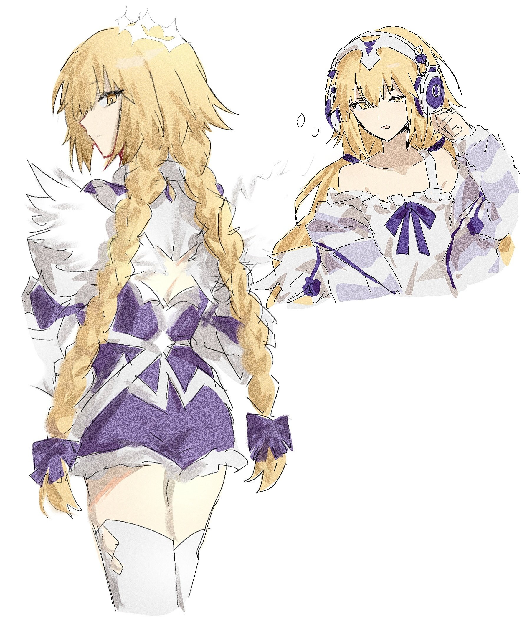 nekwnek, jeanne d'arc (fate), metatron jeanne (fate), metatron jeanne (first ascension) (fate), metatron jeanne (second ascension) (fate), fate/grand order, fate (series), highres, 1girl, angel wings, ass, bare shoulders, blonde hair, blue dress, braid, braided ponytail, breasts, dress, feathered wings, grey sweater, halo, headphones, large breasts, long hair, long sleeves, looking at viewer, looking back, low twintails, medium breasts, multiple views, off shoulder, open mouth, striped clothes, striped sweater, sweater, thighhighs, thighs, twintails, very long hair, white thighhighs, wings, yellow eyes