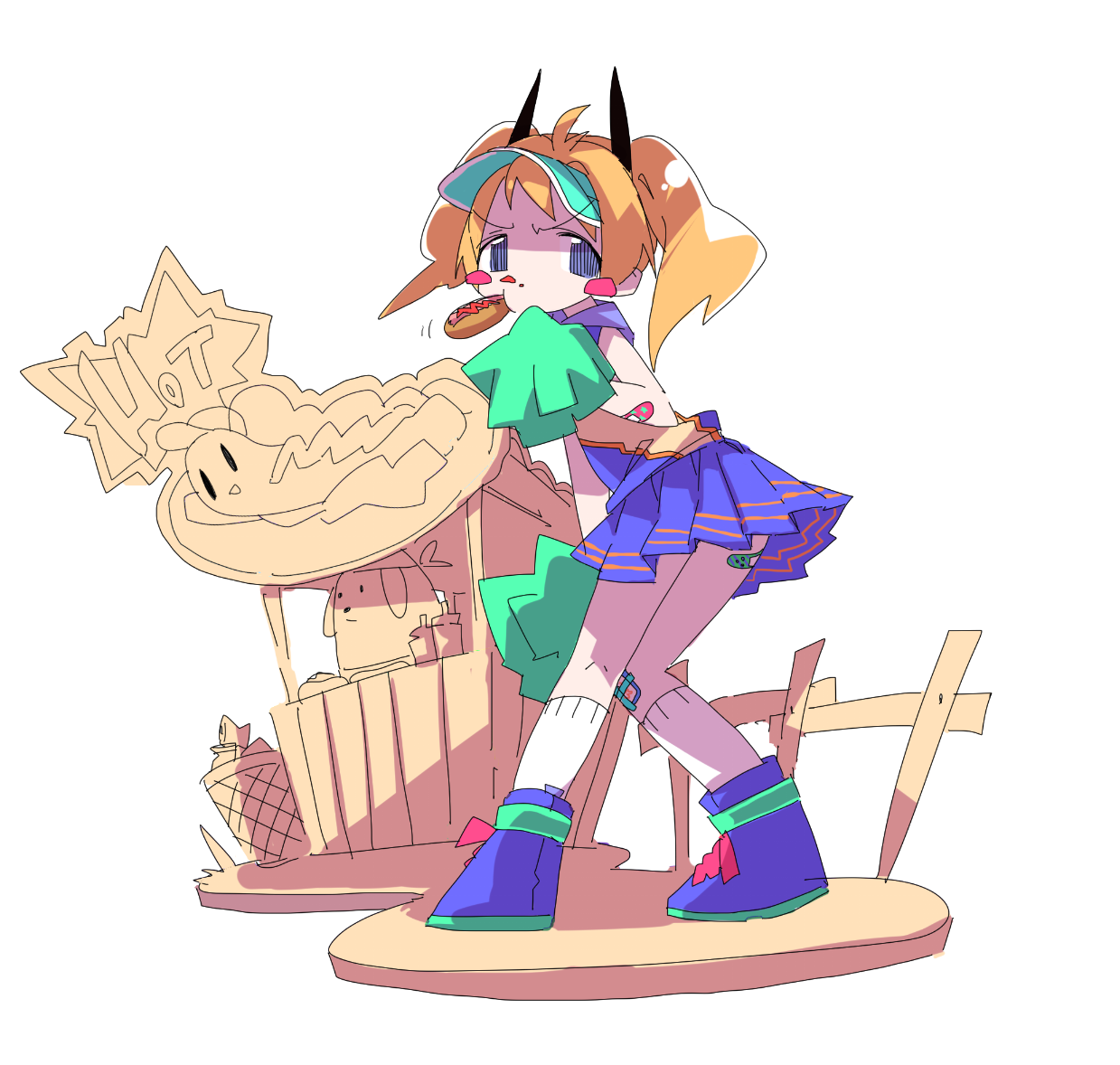 kujira, original, commentary request, 1girl, bandaid, bandaid on arm, bandaid on thigh, blonde hair, blue eyes, blush stickers, dog, faux figurine, fence, food in mouth, food stand, full body, gauze on knee, glaring, holding, holding pom poms, horns, hot dog, kneehighs, knees together feet apart, looking at viewer, looking back, medium hair, miniskirt, pom pom (cheerleading), pom poms, purple shoes, purple skirt, shoes, simple background, skirt, socks, standing, v-shaped eyebrows, visor cap, white socks
