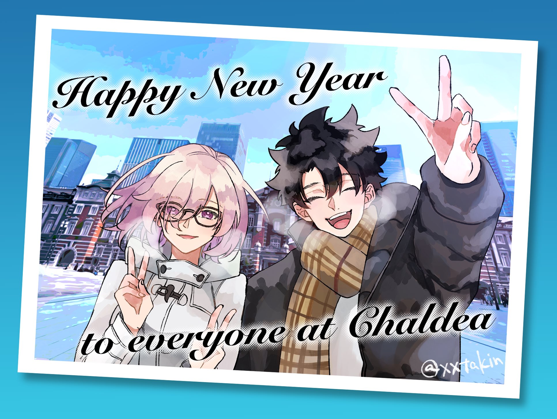 xxtakin, fujimaru ritsuka (male), mash kyrielight, fate/grand order, fate (series), commentary request, highres, 1boy, 1girl, arm up, artist name, black-framed eyewear, black hair, black jacket, blue border, blue sky, border, brown scarf, building, city, closed eyes, day, double v, english text, fingernails, glasses, hair between eyes, hands up, happy new year, jacket, long sleeves, new year, open clothes, open jacket, open mouth, outdoors, photo (object), pink hair, plaid clothes, plaid scarf, puffy long sleeves, puffy sleeves, purple eyes, scarf, shirt, short hair, sky, skyscraper, smile, snow, steam, teeth, tokyo (city), tongue, upper body, v, white jacket, white shirt, winter