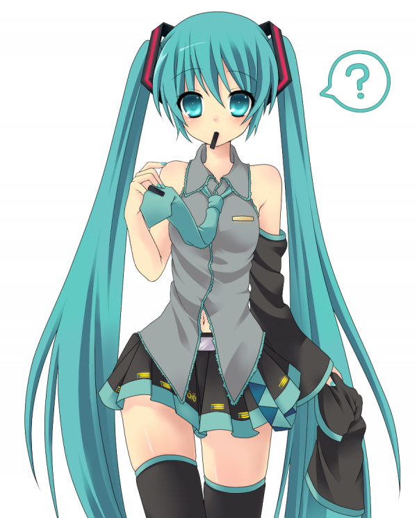 etou (cherry7), hatsune miku, vocaloid, bad id, bad pixiv id, 1girl, ?, aqua eyes, aqua hair, blush, detached sleeves, female focus, long hair, miniskirt, necktie, simple background, skirt, solo, thighhighs, twintails, undressing, very long hair, white background, zettai ryouiki