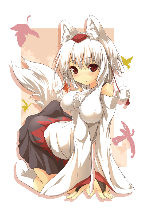 akeboshi kagayo, inubashiri momiji, touhou, bad id, bad pixiv id, 1girl, all fours, animal ears, bad anatomy, bare shoulders, blush, breasts, bridal gauntlets, detached sleeves, female focus, full body, hat, large breasts, red eyes, shirt, short hair, socks, solo, tail, tokin hat, white shirt, wolf ears, wolf tail