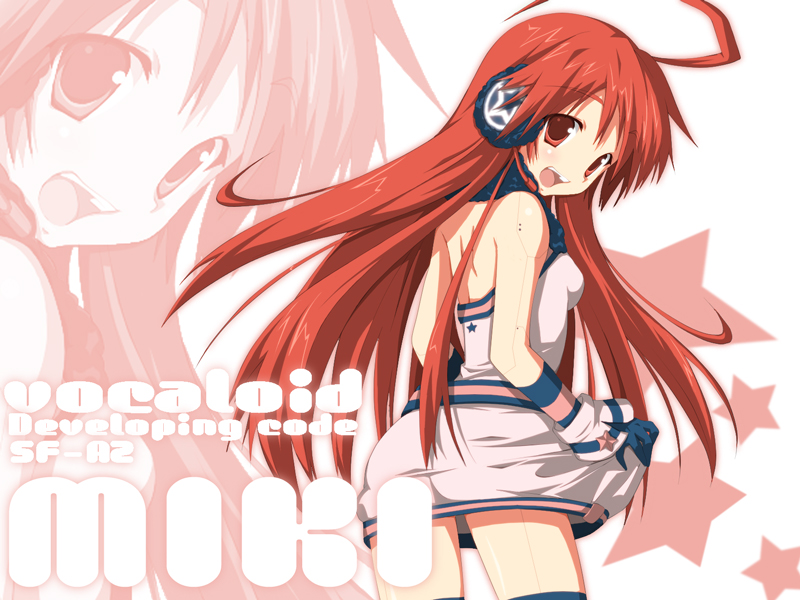 yuzuki kei, sf-a2 miki, vocaloid, striped, 1girl, ahoge, ass, dress, female focus, gloves, headphones, headset, long hair, looking back, red eyes, red hair, smile, solo, thighhighs, very long hair, wrist cuffs, zettai ryouiki, zoom layer