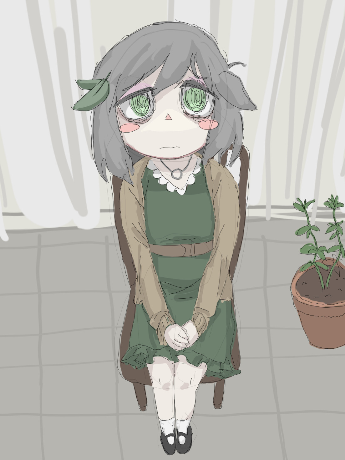 mentha (menthalovely), mint (menthalovely), original, 1girl, bags under eyes, belt, black shoes, blush stickers, brown belt, brown jacket, chair, closed mouth, curtains, dress, expressionless, frilled dress, frills, from above, green dress, grey hair, hair ornament, jacket, leaf, leaf hair ornament, leaf on head, looking at viewer, open clothes, open jacket, plant, shoes, sitting, socks, solo, tile floor, tiles, white socks, wooden chair