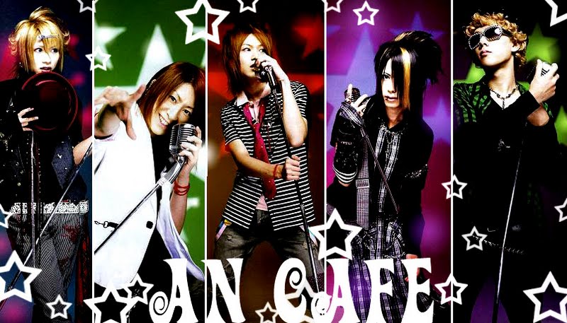 an cafe, gender request, non-web source, off-topic, photo (medium), androgynous, asian, black hair, blonde hair, brown hair, column lineup, glasses, hat, j-rock, male focus, microphone, multicolored hair, musician, pants, shirt, star (symbol), striped clothes, striped shirt, sunglasses, two-tone hair