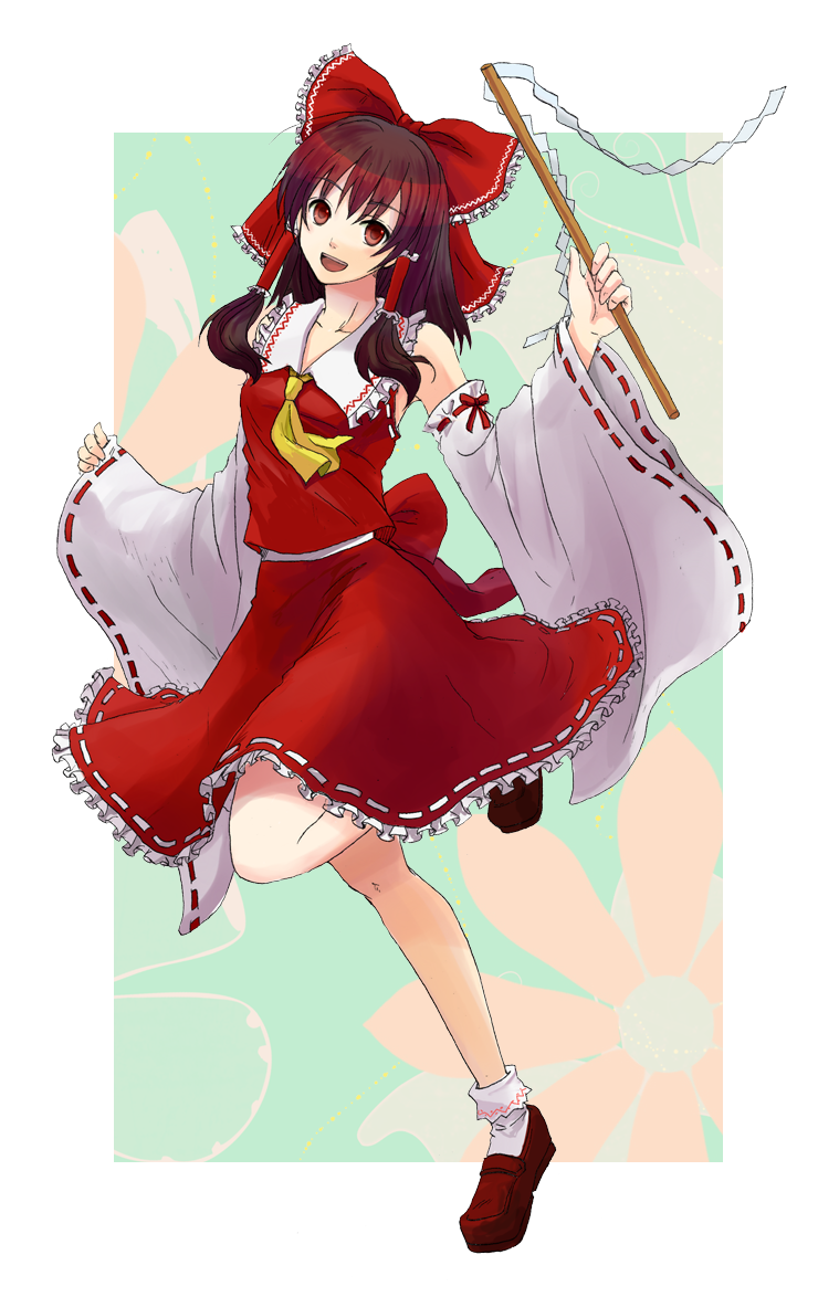koutou, hakurei reimu, touhou, bad id, bad pixiv id, 1girl, bow, brown hair, detached sleeves, female focus, full body, gohei, hair bow, japanese clothes, miko, red eyes, short hair, solo