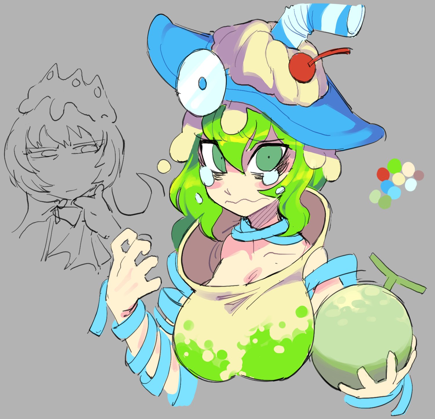 caliginousarts, hannakii, kimi ga shine, highres, 2girls, arm ribbon, blue hat, blue ribbon, blush stickers, breasts, cd, cherry hat ornament, crying, crying with eyes open, doodle inset, drinking straw, food, frown, fruit, furrowed brow, green eyes, green hair, hands up, hat, holding, holding food, holding fruit, large breasts, looking at viewer, melon, multiple girls, ribbon, short hair, tearing up, tears, wavy mouth