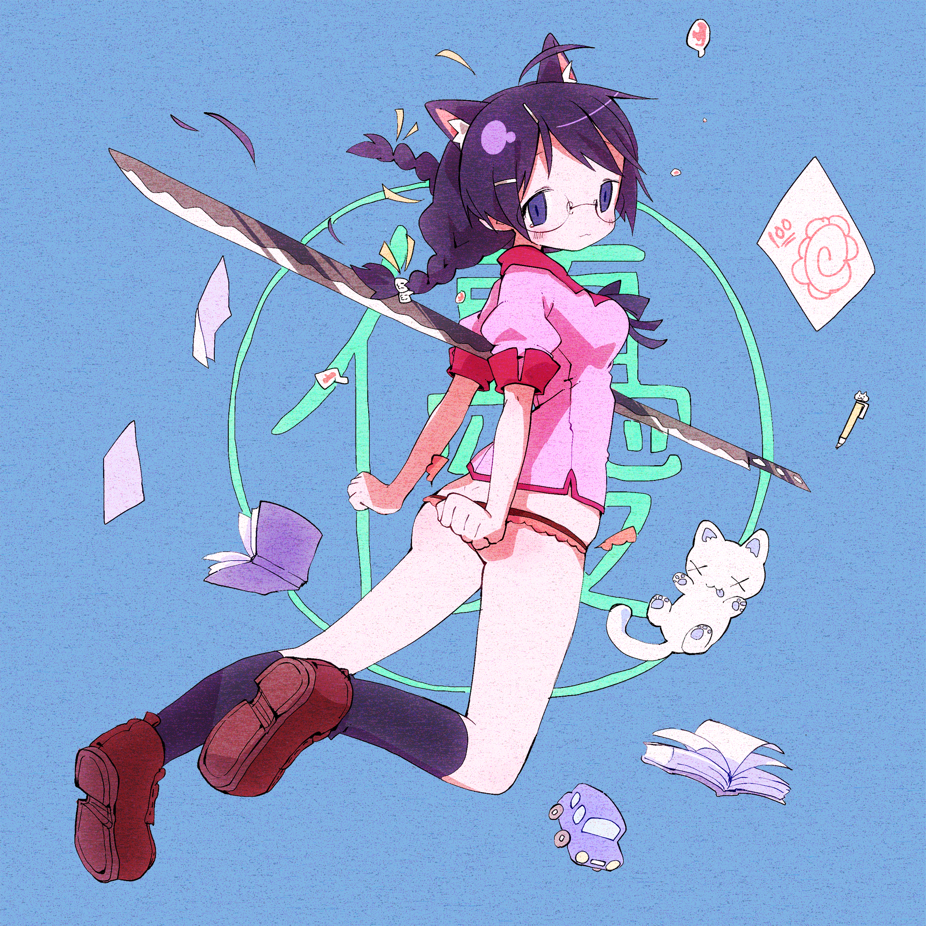 kujira, hanekawa tsubasa, monogatari (series), nekomonogatari, commentary request, highres, 1girl, ahoge, animal ears, ass, black socks, blue background, blush, book, braid, breasts, cat, cat ears, closed mouth, empty eyes, floating, floating hair, flying paper, full body, glasses, hanamaru, impaled, katana, kneehighs, large breasts, loafers, looking at viewer, looking back, low twin braids, mechanical pencil, no pants, ootachi, panties, paper, pencil, pink shirt, puffy short sleeves, puffy sleeves, purple eyes, purple hair, red panties, shirt, shoes, short sleeves, simple background, socks, solo, sword, test score, text background, thong, toy car, twin braids, underwear, weapon