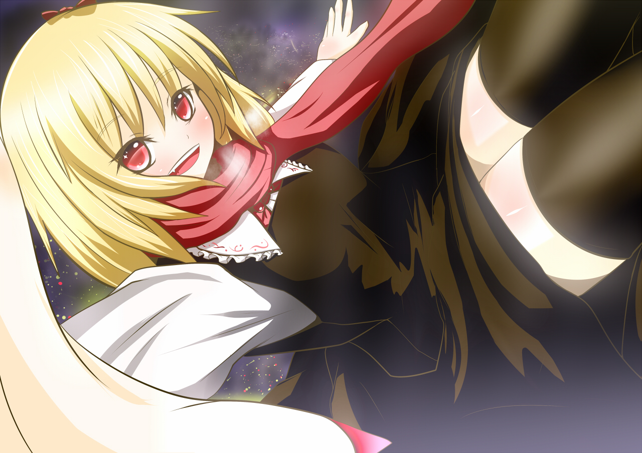 giorgio claes, rumia, embodiment of scarlet devil, touhou, 1girl, black thighhighs, blonde hair, breath, female focus, foreshortening, gradient background, outstretched arms, red eyes, scarf, short hair, smile, solo, spread arms, thighhighs, zettai ryouiki