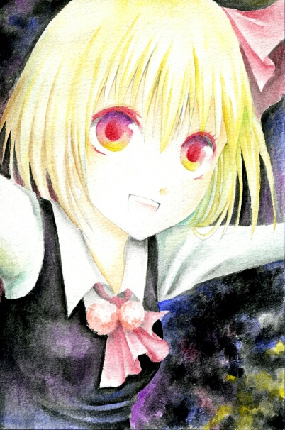 umebayashi saki, rumia, embodiment of scarlet devil, touhou, bad id, bad pixiv id, painting (medium), traditional media, watercolor (medium), 1girl, blonde hair, dark, female focus, hair ribbon, happy, long sleeves, necktie, open mouth, outstretched arms, portrait, red eyes, ribbon, shirt, short hair, solo, spread arms, white shirt