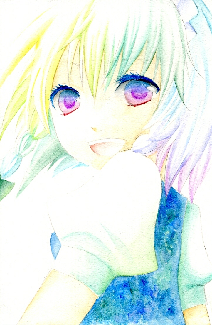 umebayashi saki, izayoi sakuya, embodiment of scarlet devil, touhou, bad id, bad pixiv id, painting (medium), traditional media, watercolor (medium), 1girl, :d, braid, close-up, female focus, happy, looking back, multicolored eyes, multicolored hair, open mouth, red eyes, short hair, short sleeves, smile, solo, twin braids