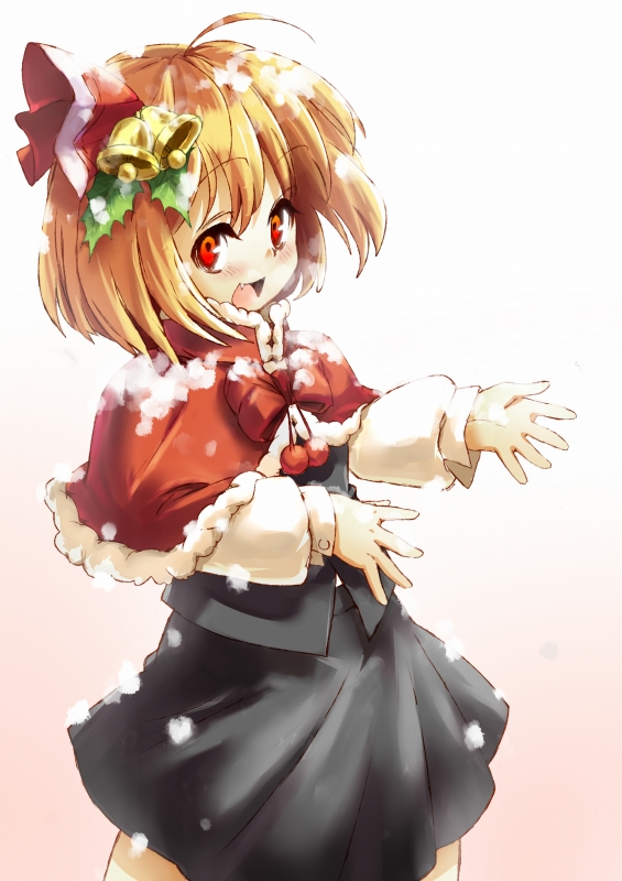 akimegu m, gohitsuki, rumia, embodiment of scarlet devil, touhou, md5 mismatch, resolution mismatch, source larger, 1girl, ahoge, bell, blonde hair, capelet, fang, female focus, hair ornament, hair ribbon, red eyes, ribbon, short hair, snow, solo, winter
