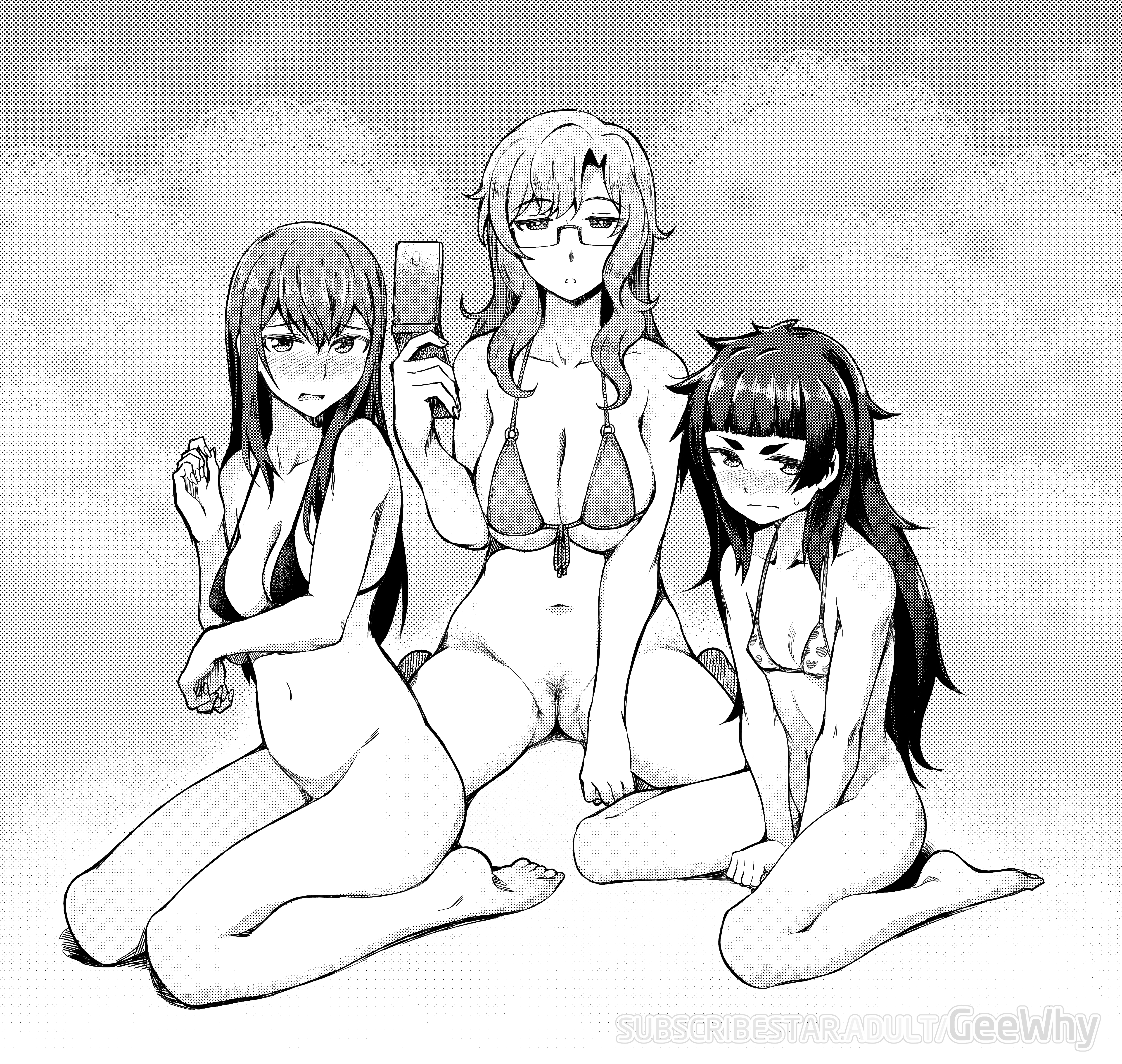 geewhy, hiyajou maho, kiryuu moeka, makise kurisu, science adventure, steins;gate, steins;gate 0, absurdres, highres, 3girls, artist name, bare arms, bare shoulders, barefoot, blush, bottomless, breasts, breasts squeezed together, cellphone, closed mouth, embarrassed, female pubic hair, fingernails, flip phone, glasses, greyscale, hand up, holding, holding phone, jitome, large breasts, legs, long hair, looking at viewer, medium breasts, messy hair, monochrome, multiple girls, navel, nose blush, parted lips, phone, pubic hair, pussy, seiza, semi-rimless eyewear, sitting, small breasts, subscribestar username, sweat, uncensored, under-rim eyewear, wariza, watermark, web address