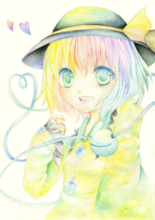 umebayashi saki, komeiji koishi, touhou, bad id, bad pixiv id, painting (medium), traditional media, watercolor (medium), 1girl, female focus, green eyes, hat, hat ribbon, heart, multicolored hair, open mouth, portrait, ribbon, short hair, solo