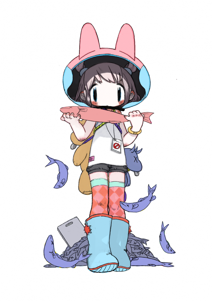 kujira, original, commentary request, 1girl, animal, argyle clothes, argyle thighhighs, black eyes, black shorts, blonde hair, blush, boots, bracelet, cutting board, dead animal, fish, full body, hands up, helmet, holding, holding animal, holding fish, jewelry, lanyard, looking at viewer, pile, pink thighhighs, rubber boots, short shorts, short twintails, shorts, simple background, solo, space helmet, standing, tank top, thighhighs, twintails, white background, white tank top